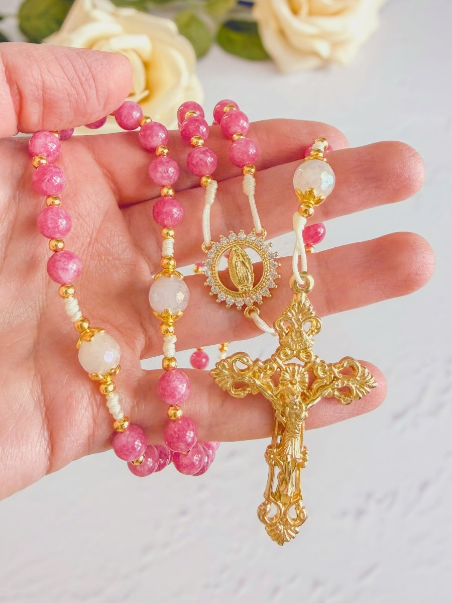 Rosa Mystica Rosary in Raspberry Pink Quartz - Easter - Confirmation Gift Encounter At Jacob's Well