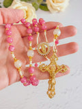 Rosa Mystica Rosary in Raspberry Pink Quartz - Easter - Confirmation Gift Encounter At Jacob's Well