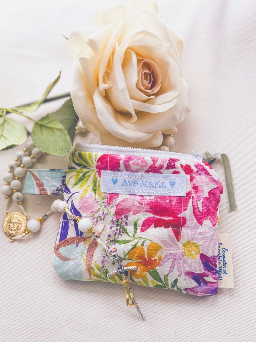 Ave Maria - Our Lady's Flower Garden -  Quilted Rosary Pouch - Confirmation and Sponsor Gift Encounter At Jacob's Well