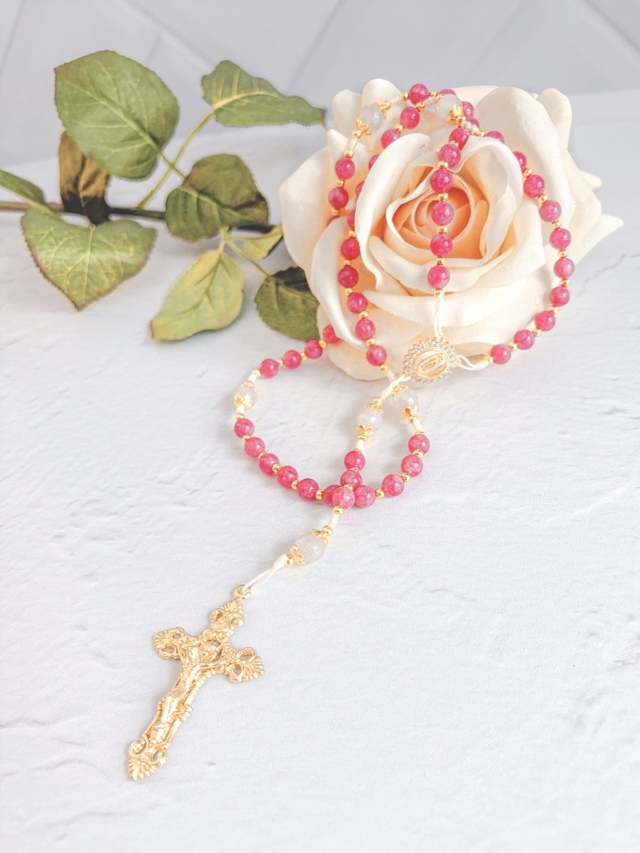 Rosa Mystica Rosary in Raspberry Pink Quartz - Easter - Confirmation Gift Encounter At Jacob's Well