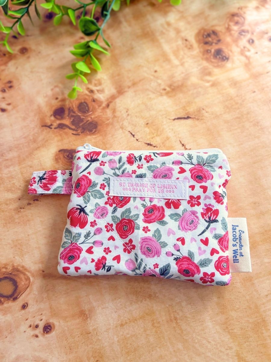 Saint Therese Rosary Pouch – Little Flower Quilted Zipper Pouch - St. Valentine Gift Encounter At Jacob's Well