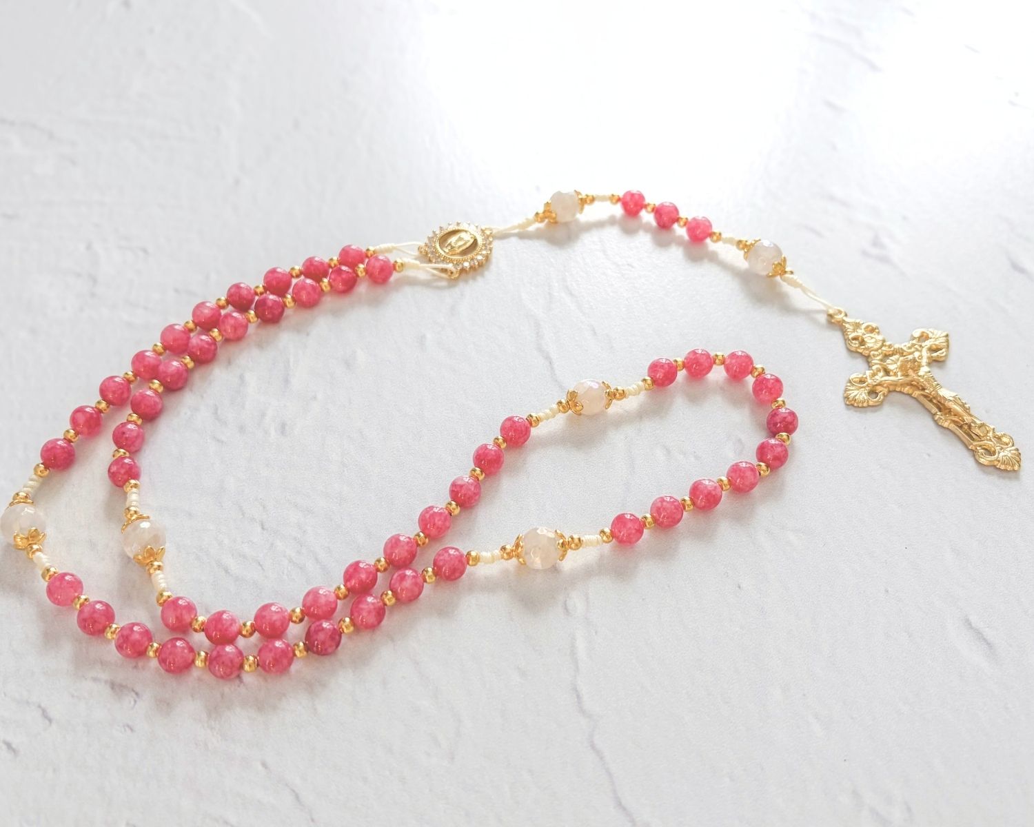 Rosa Mystica Rosary in Raspberry Pink Quartz - Easter - Confirmation Gift Encounter At Jacob's Well