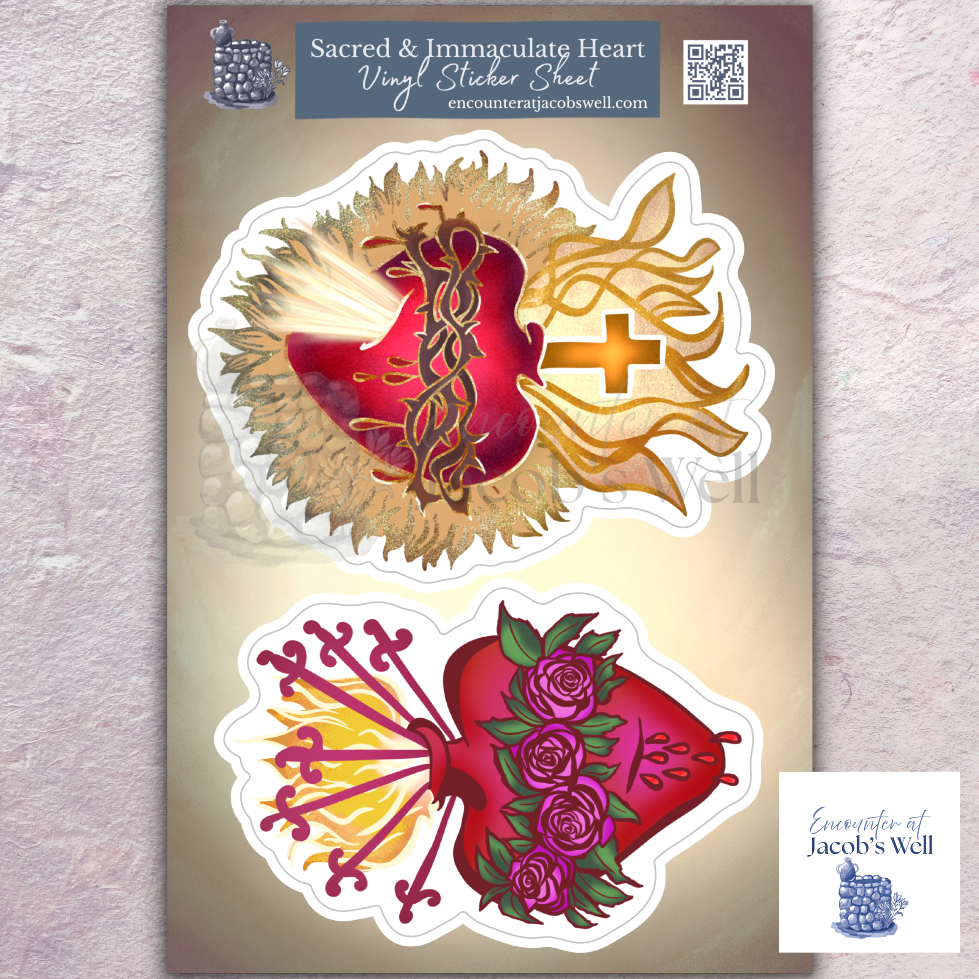Sacred and Immaculate Heart - Vinyl Waterproof Sticker Sheet