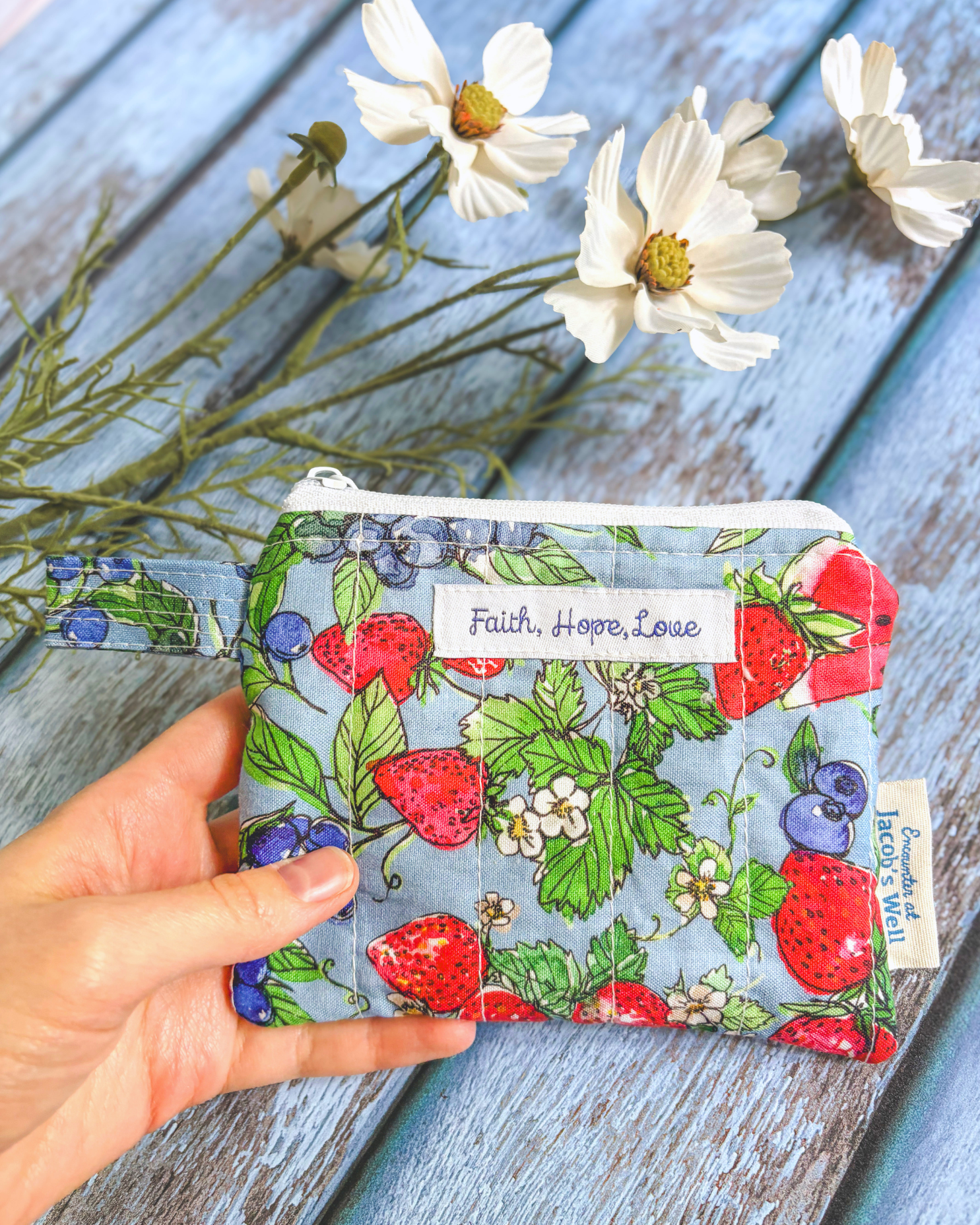 Faith, Hope, Love - Fruity Summer Print - Handmade Quilted Zipper Pouch - Confirmation - Birthday Gift Encounter At Jacob's Well