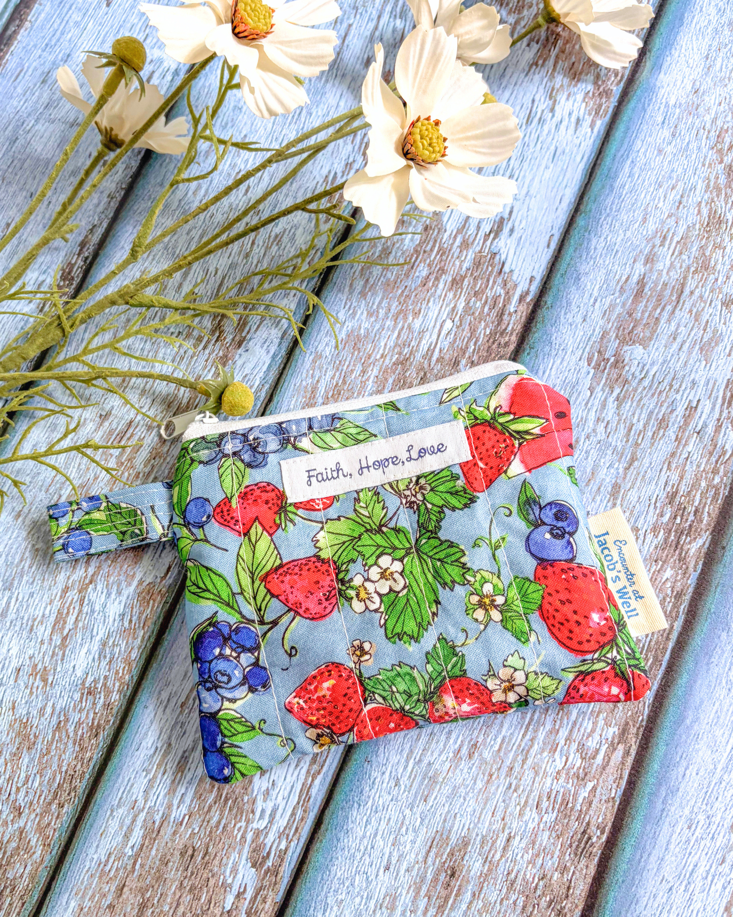 Faith, Hope, Love - Fruity Summer Print - Handmade Quilted Zipper Pouch - Confirmation - Birthday Gift Encounter At Jacob's Well