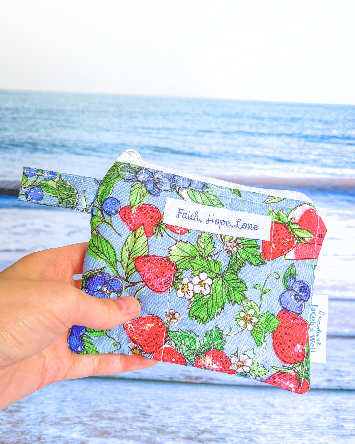 Faith, Hope, Love - Fruity Summer Print - Handmade Quilted Zipper Pouch - Confirmation - Birthday Gift Encounter At Jacob's Well