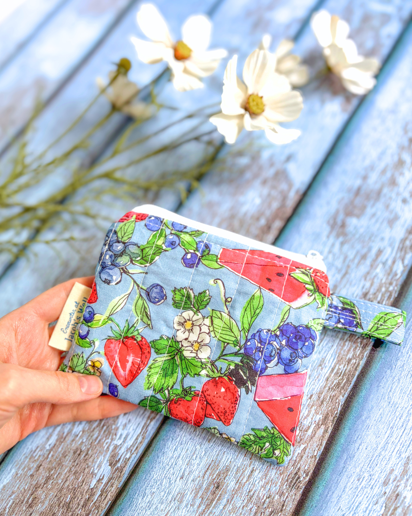 Faith, Hope, Love - Fruity Summer Print - Handmade Quilted Zipper Pouch - Confirmation - Birthday Gift Encounter At Jacob's Well