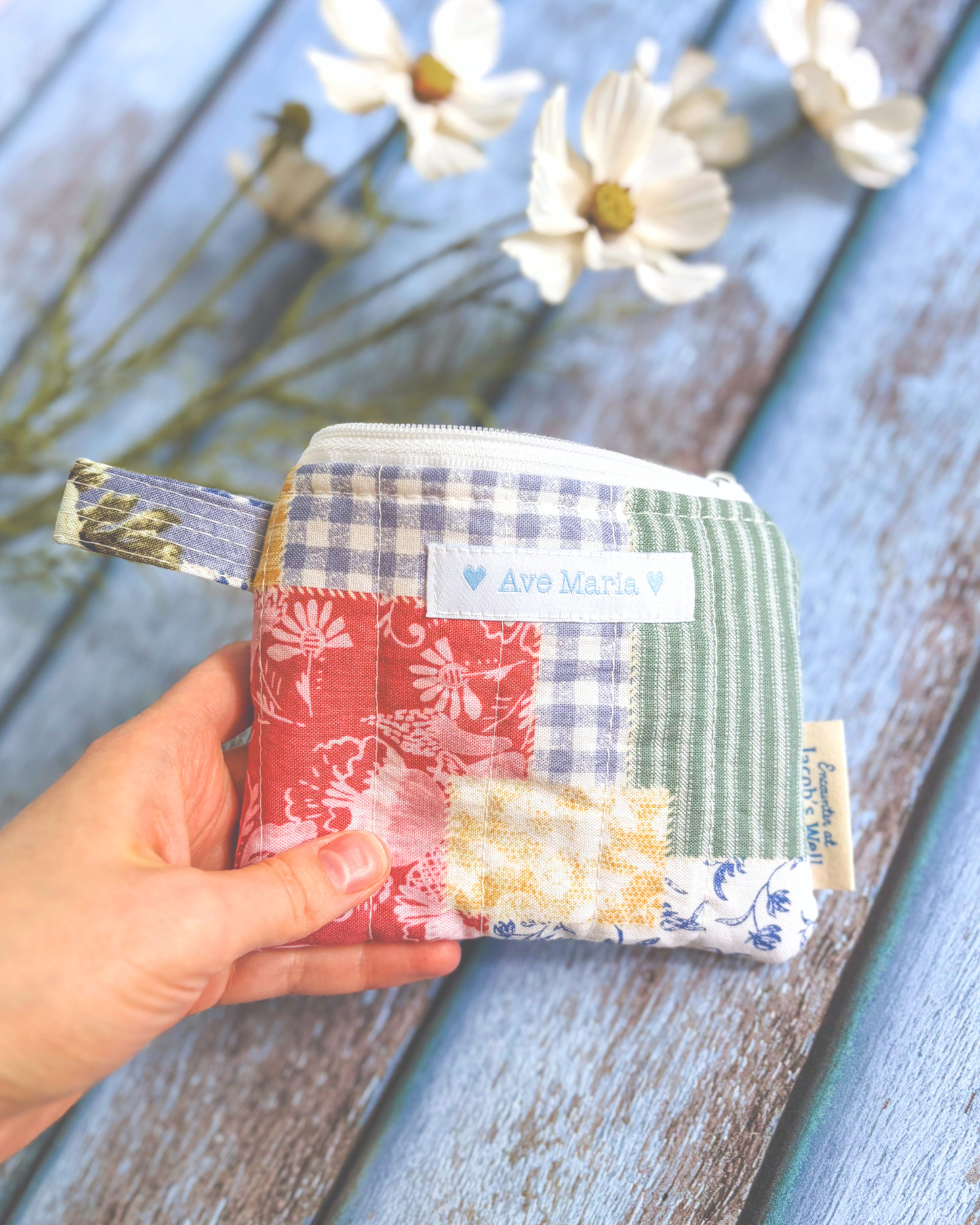 Ave Maria - Pretty Patch Picnic- Handmade Quilted Rosary Pouch - Confirmation - Birthday Gift Encounter At Jacob's Well