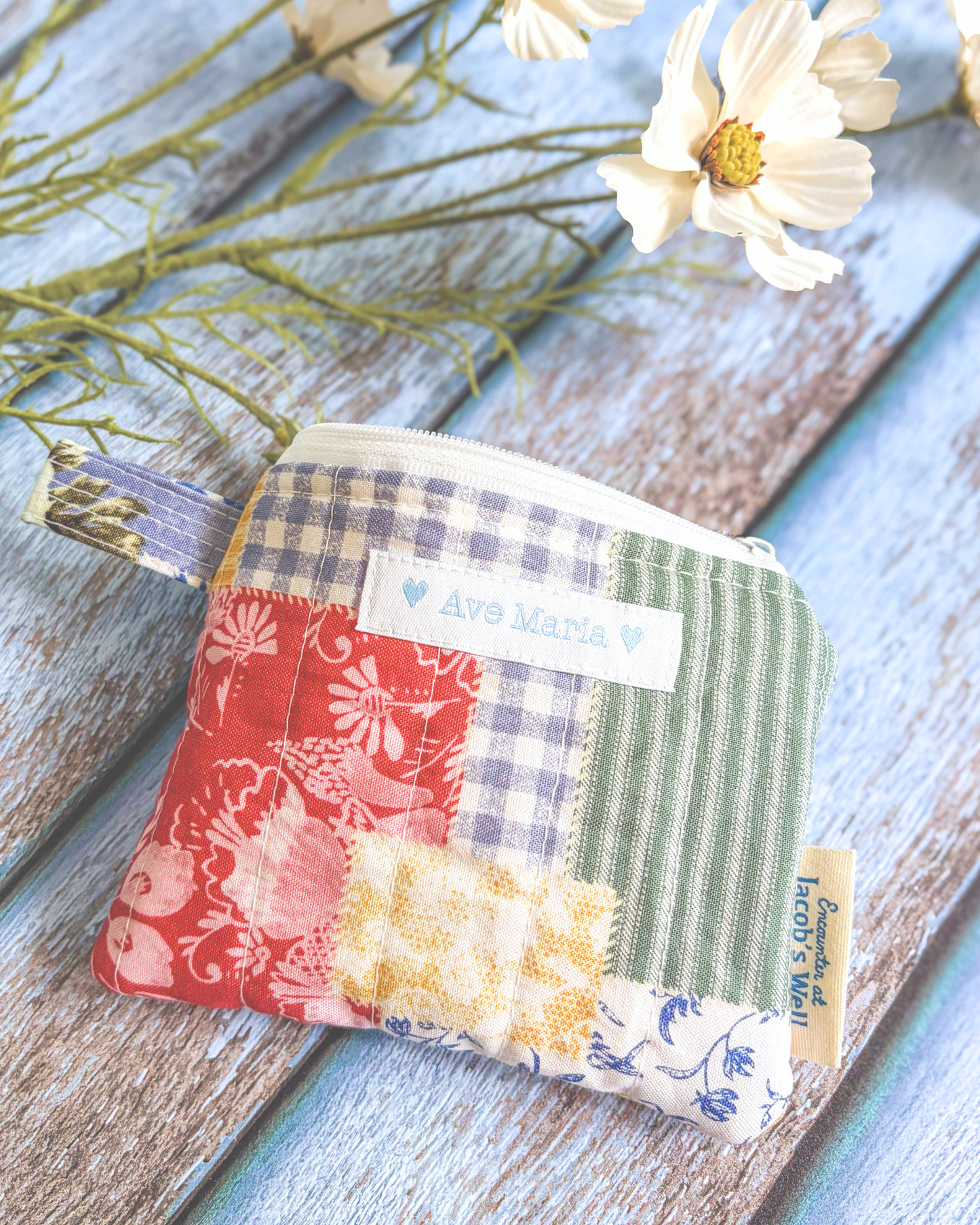 Ave Maria - Pretty Patch Picnic- Handmade Quilted Rosary Pouch - Confirmation - Birthday Gift Encounter At Jacob's Well