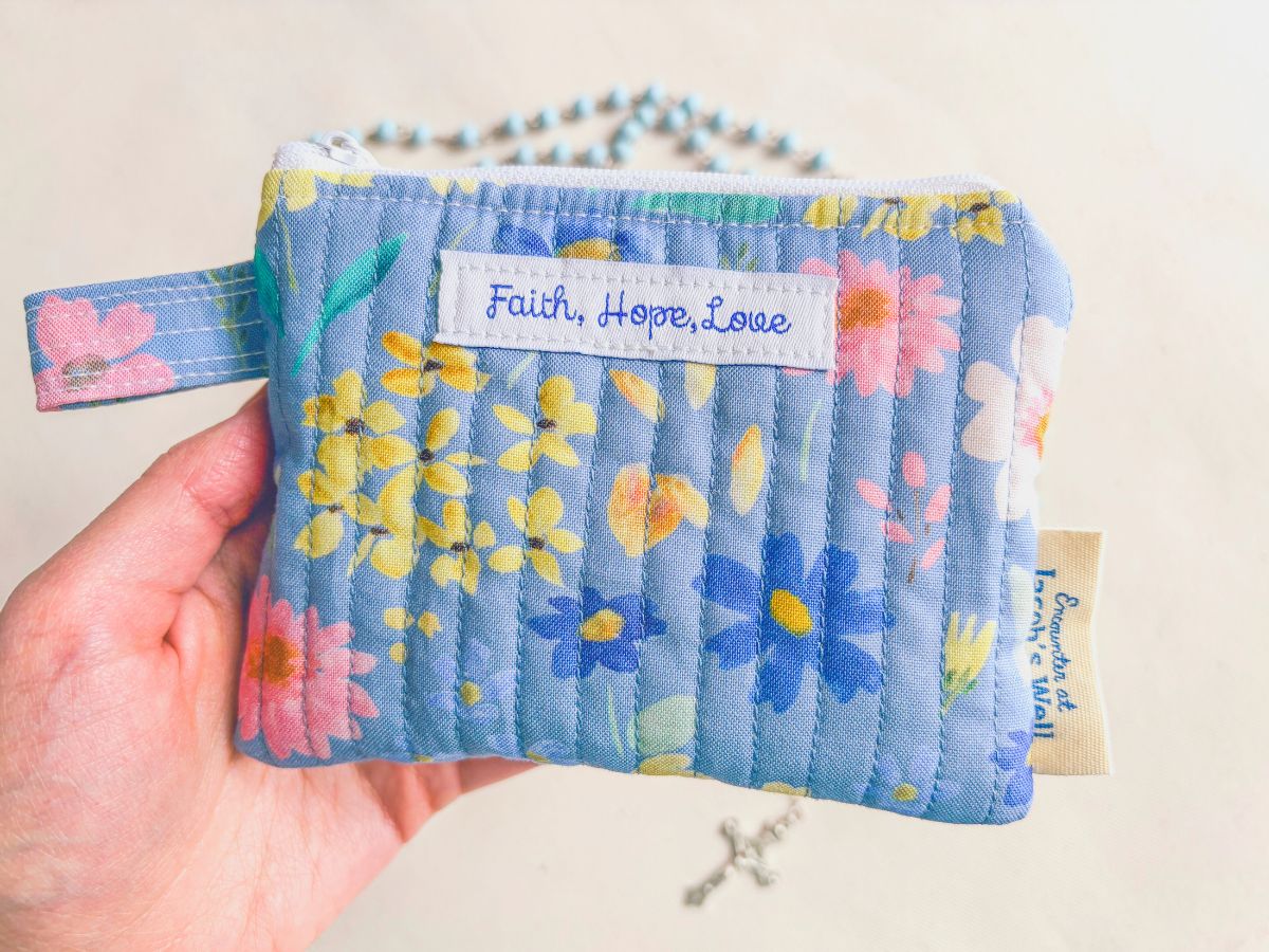 Limited Edition Rosary Pouch – Faith, Hope, Love - Spring Floral - Confirmation Girl Gift Encounter At Jacob's Well