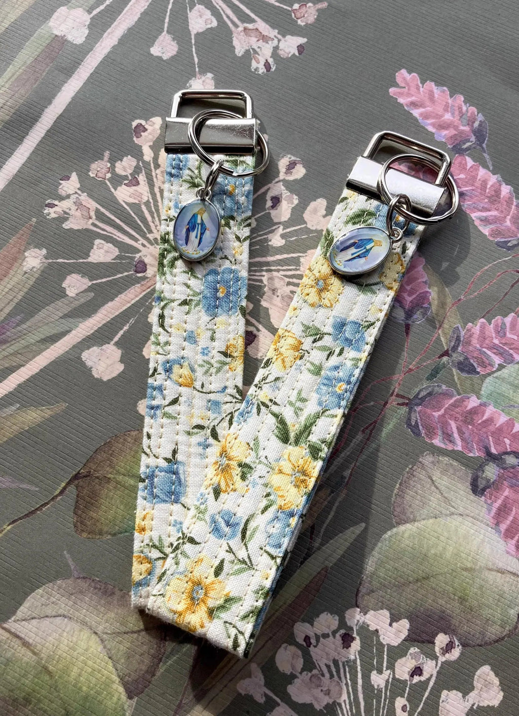 Our Lady of Grace Key Fob Wristlet - Catholic Keychain - Blue and Yellow Floral Encounter At Jacob's Well