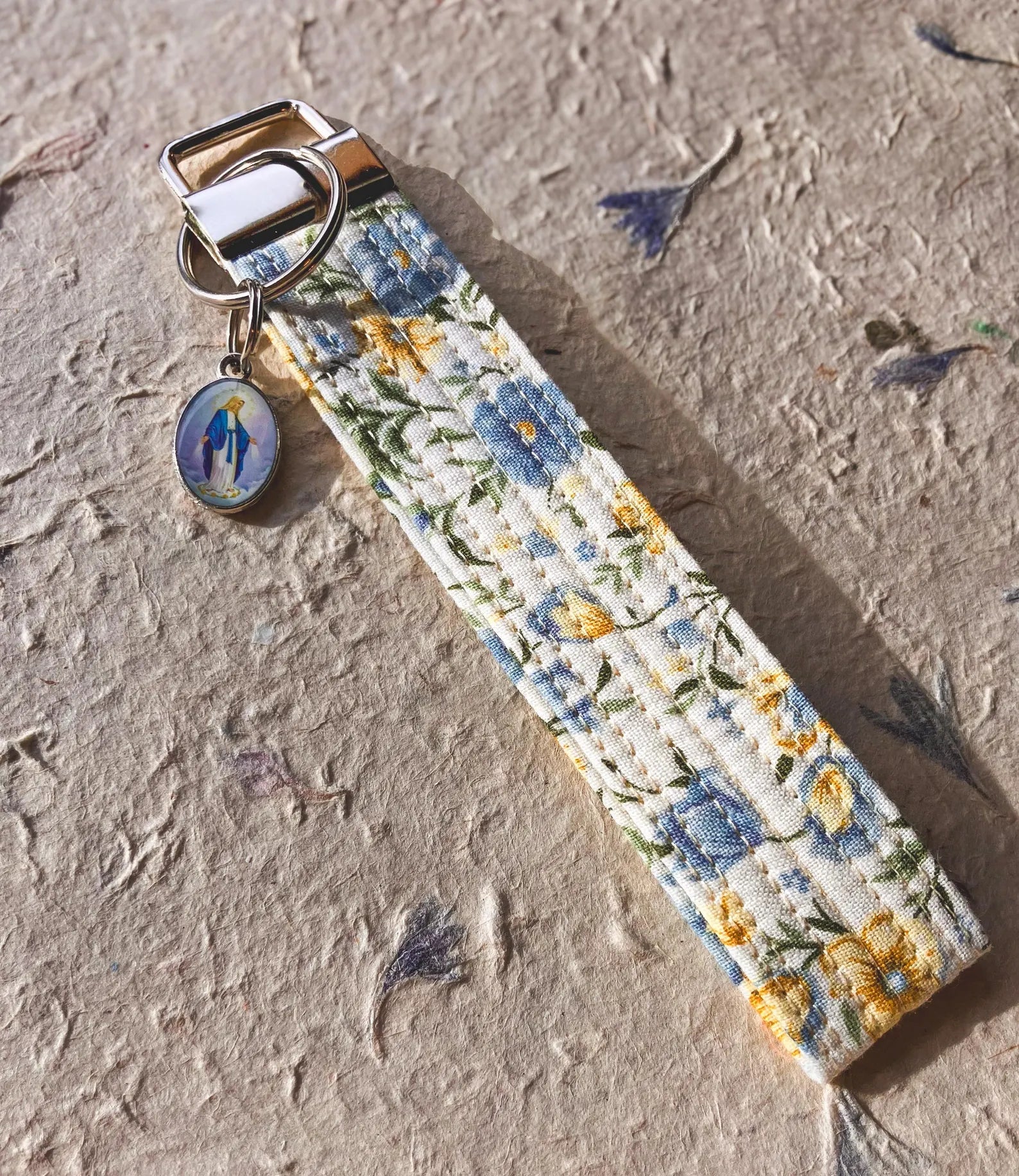 Our Lady of Grace Key Fob Wristlet - Catholic Keychain - Blue and Yellow Floral Encounter At Jacob's Well