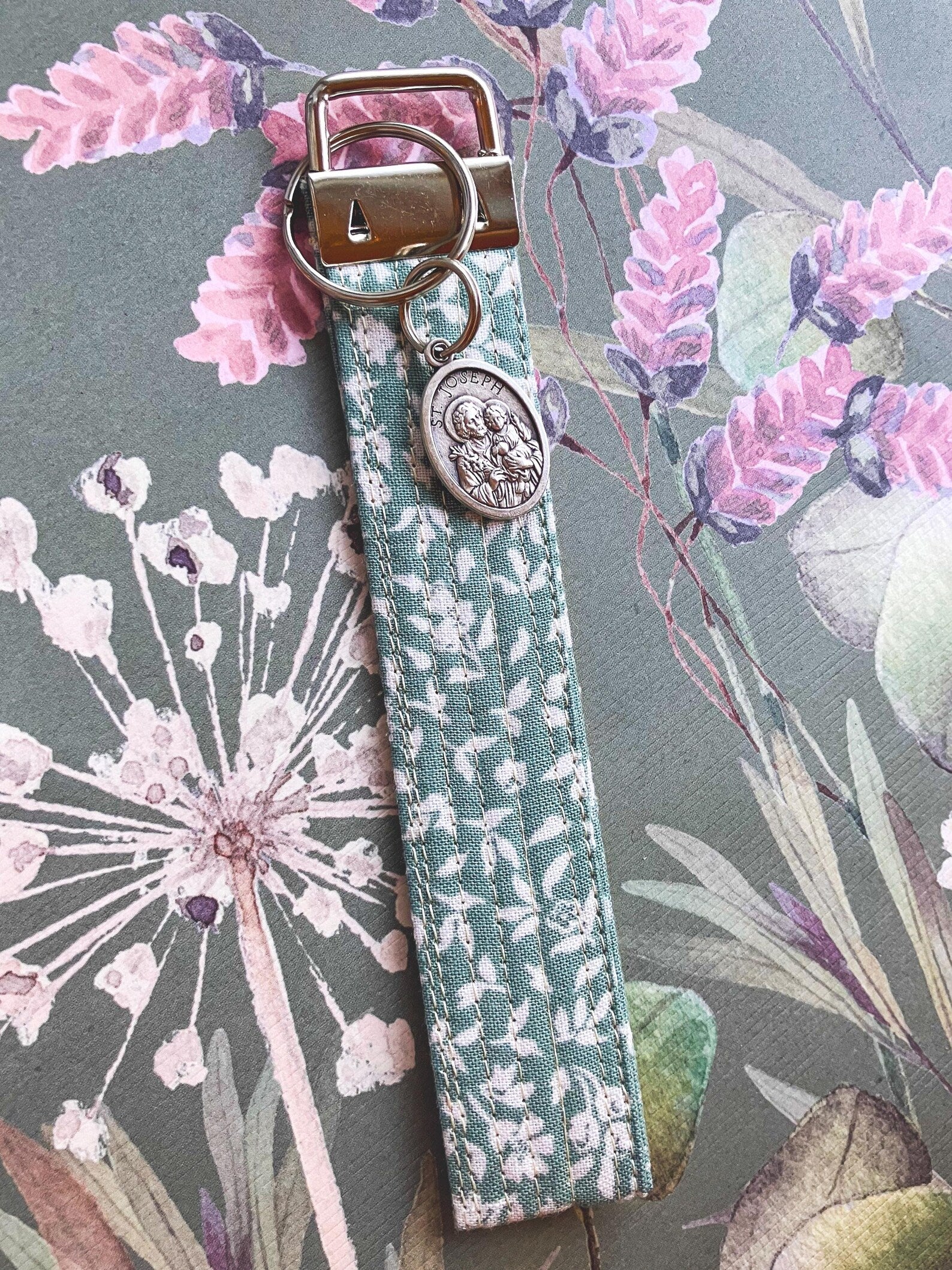 Tiny Floral St. Joseph Key Fob Wristlet - Catholic Keychain Encounter At Jacob's Well