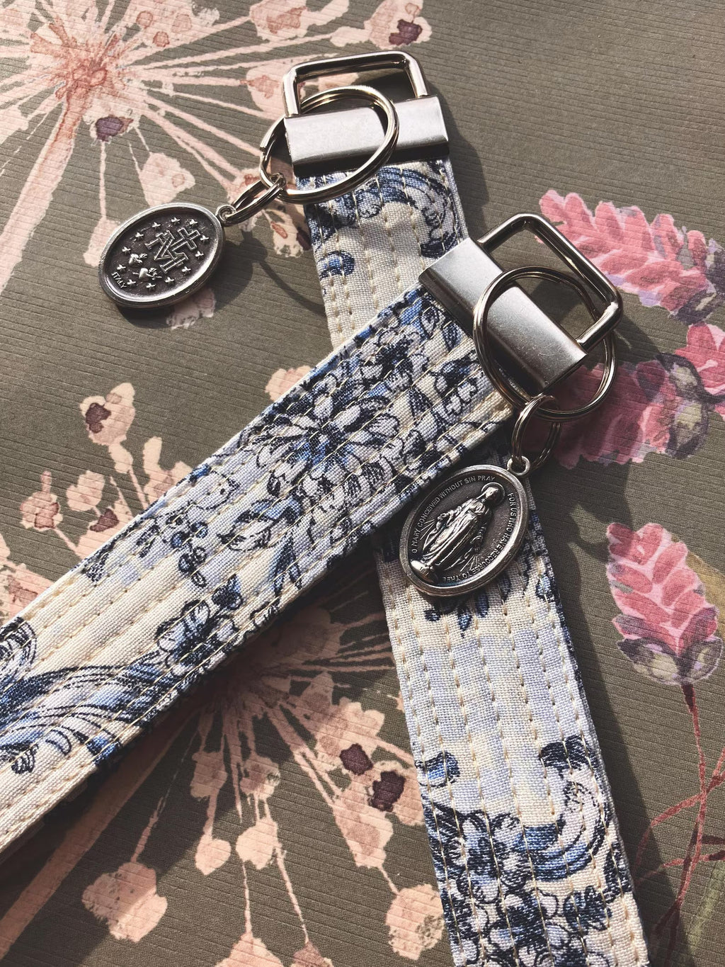 Elegant Blue and White Miraculous Medal Key Fob Wristlet - Catholic Keychain Encounter At Jacob's Well