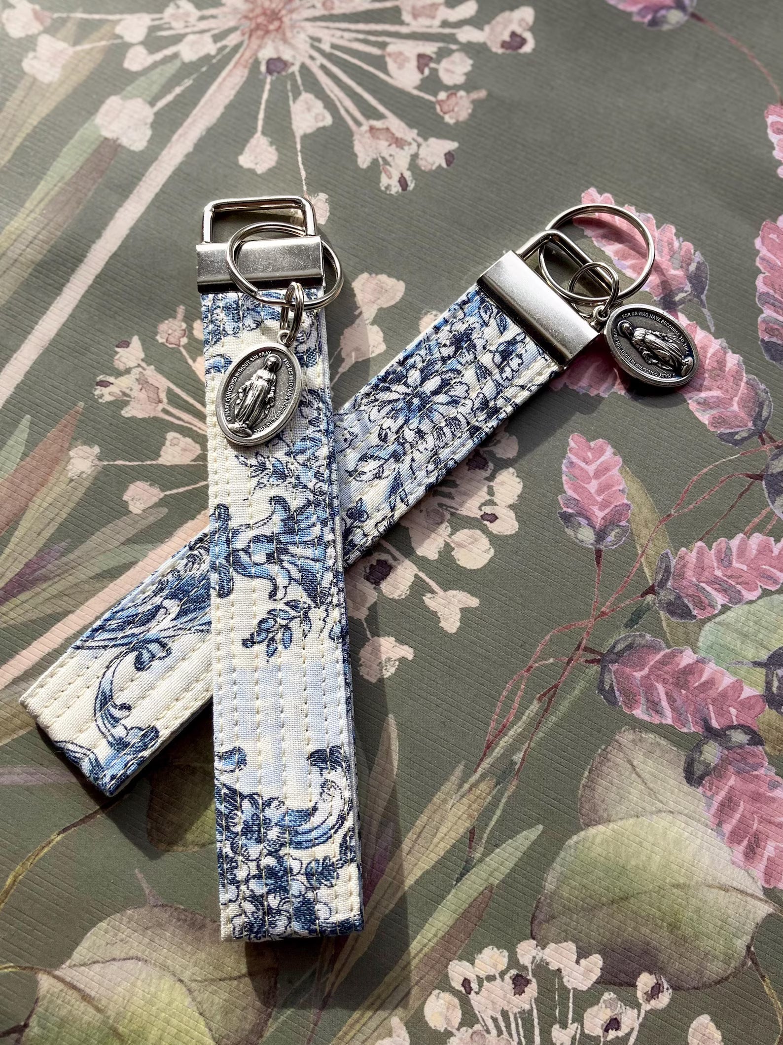 Elegant Blue and White Miraculous Medal Key Fob Wristlet - Catholic Keychain Encounter At Jacob's Well