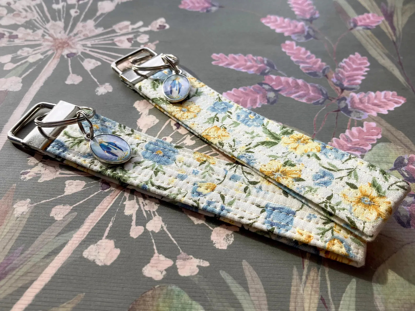 Our Lady of Grace Key Fob Wristlet - Catholic Keychain - Blue and Yellow Floral Encounter At Jacob's Well