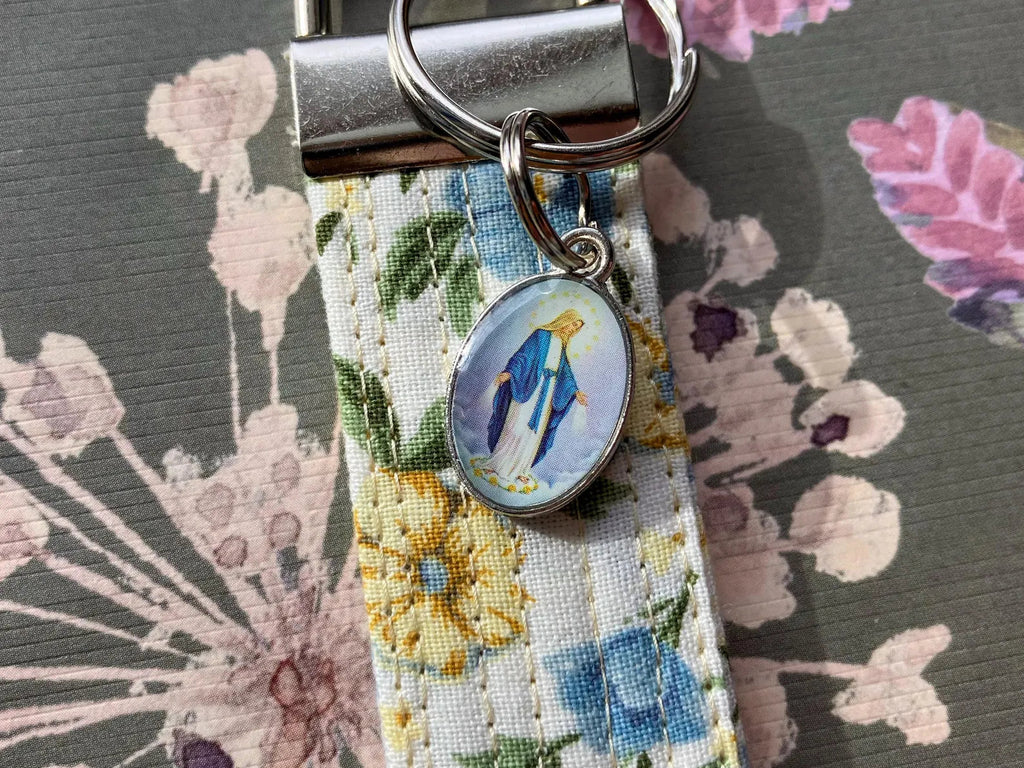 Our Lady of Grace Key Fob Wristlet - Catholic Keychain - Blue and Yellow Floral Encounter At Jacob's Well