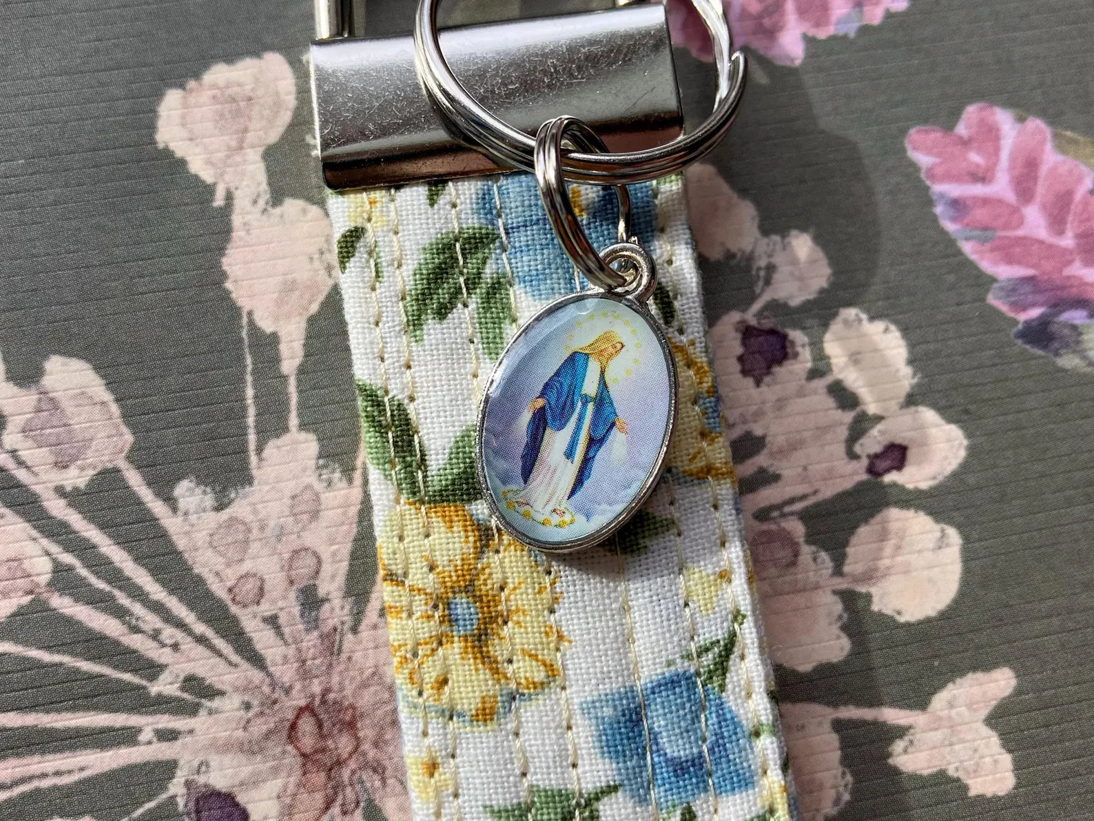 Our Lady of Grace Key Fob Wristlet - Catholic Keychain - Blue and Yellow Floral Encounter At Jacob's Well