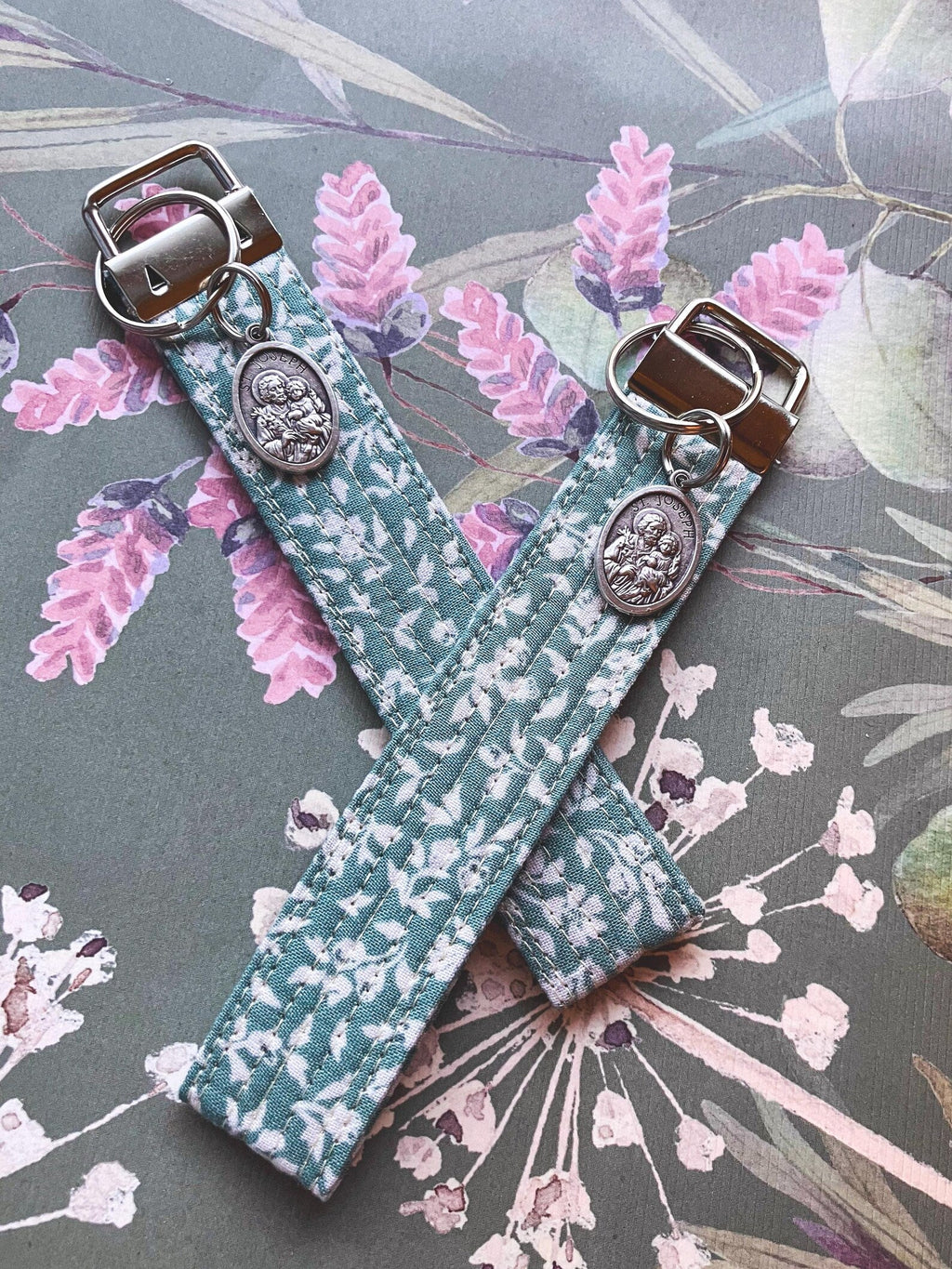 Tiny Floral St. Joseph Key Fob Wristlet - Catholic Keychain Encounter At Jacob's Well