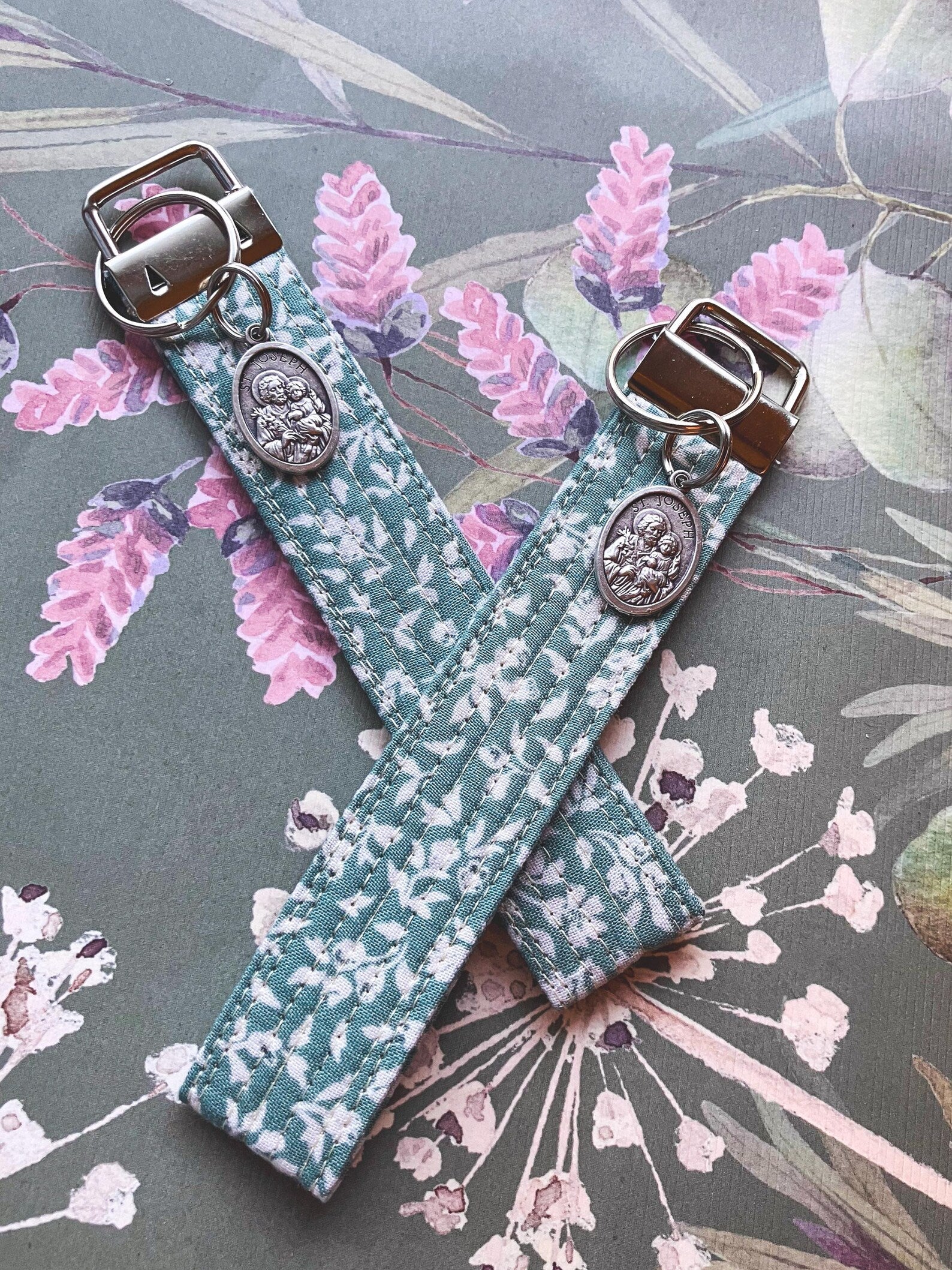 Tiny Floral St. Joseph Key Fob Wristlet - Catholic Keychain Encounter At Jacob's Well