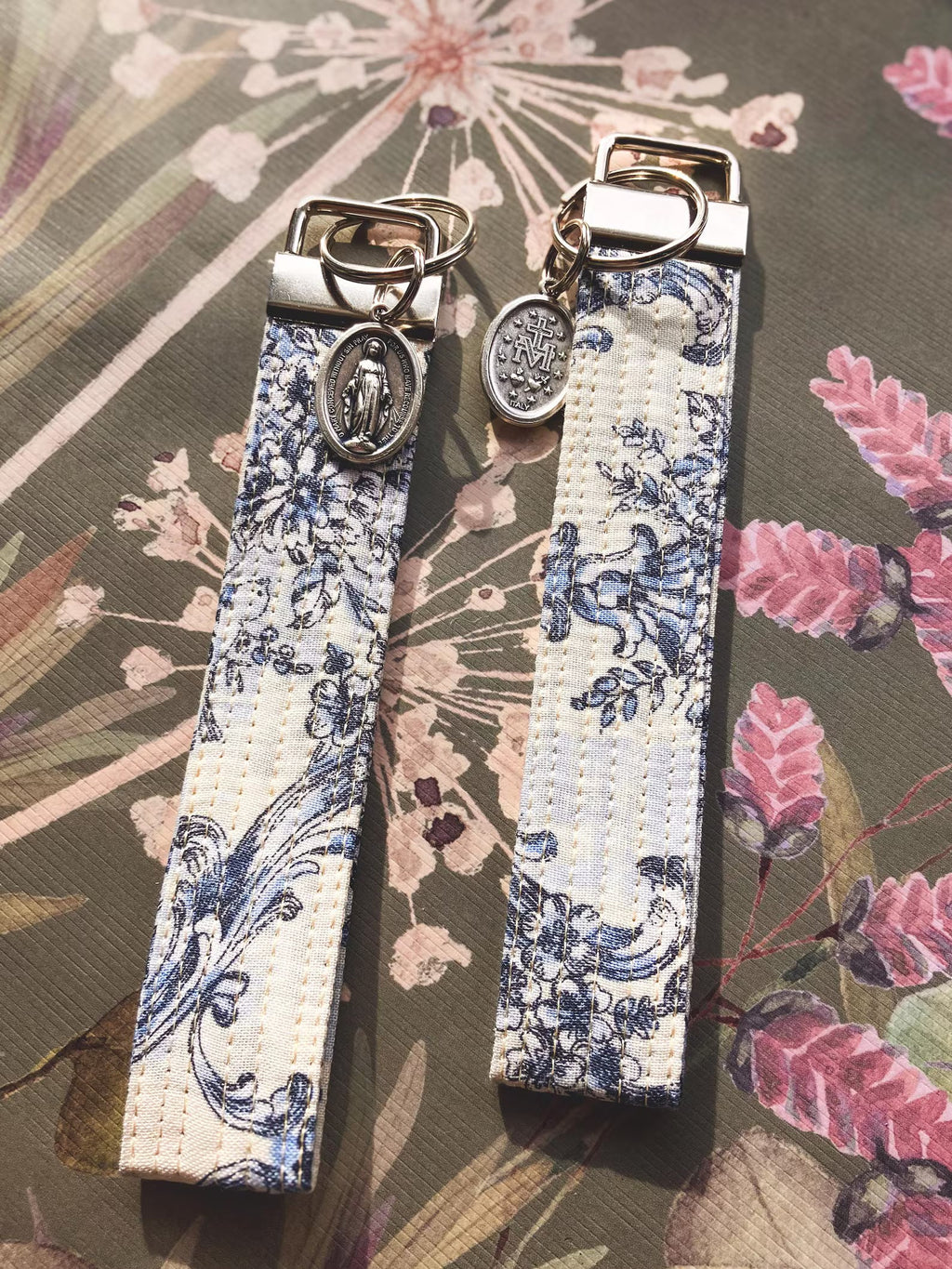 Elegant Blue and White Miraculous Medal Key Fob Wristlet - Catholic Keychain Encounter At Jacob's Well