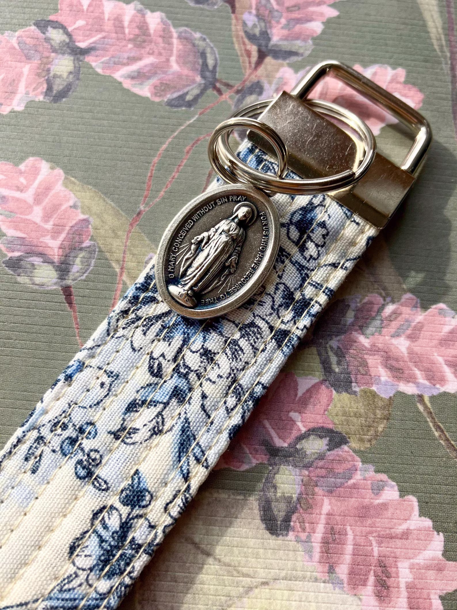 Elegant Blue and White Miraculous Medal Key Fob Wristlet - Catholic Keychain Encounter At Jacob's Well