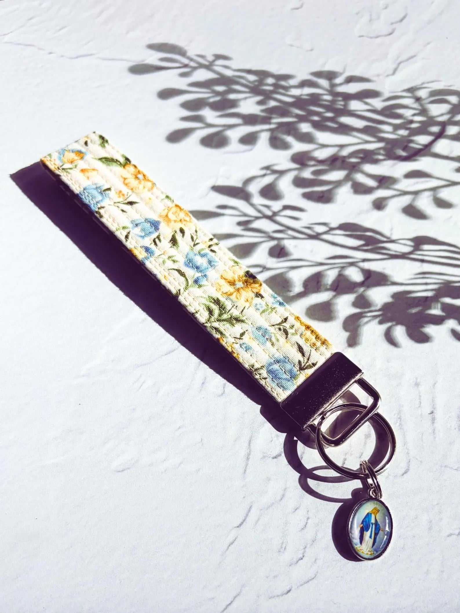 Our Lady Full of Grace Key Fob Wristlet - Catholic Keychain - Blue and Yellow Floral Encounter At Jacob's Well