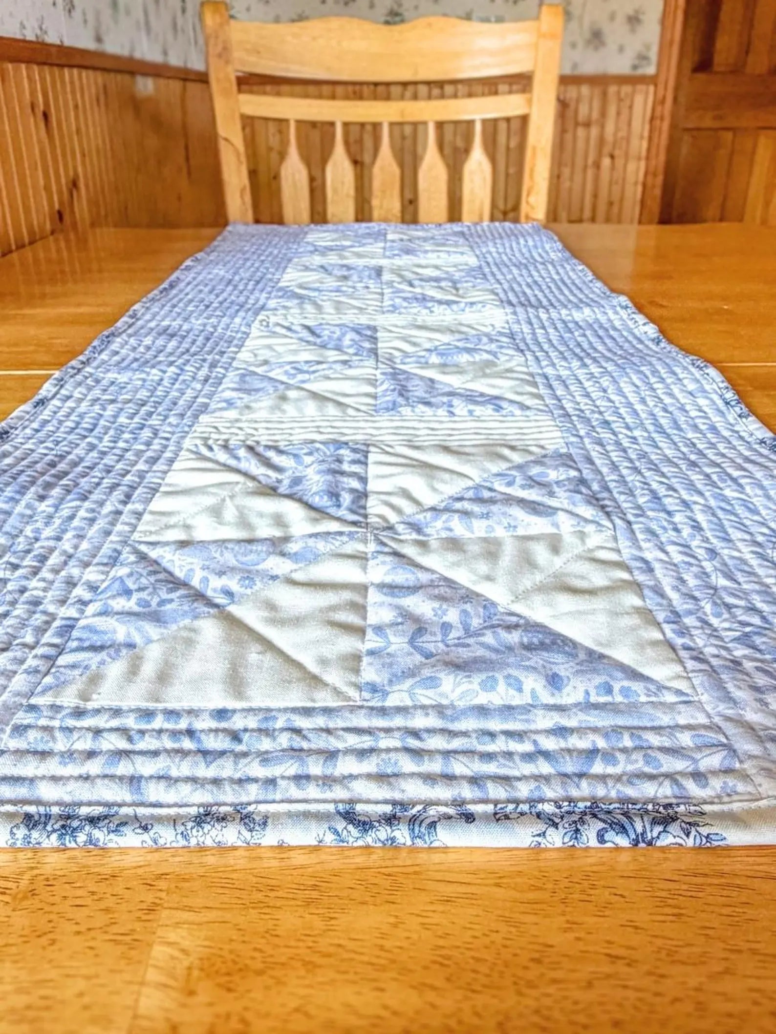 Quilted Easter Table Runner - Heirloom Quality - Cotton- Bunny Blue and White - Christian Spring Gift Encounter At Jacob's Well