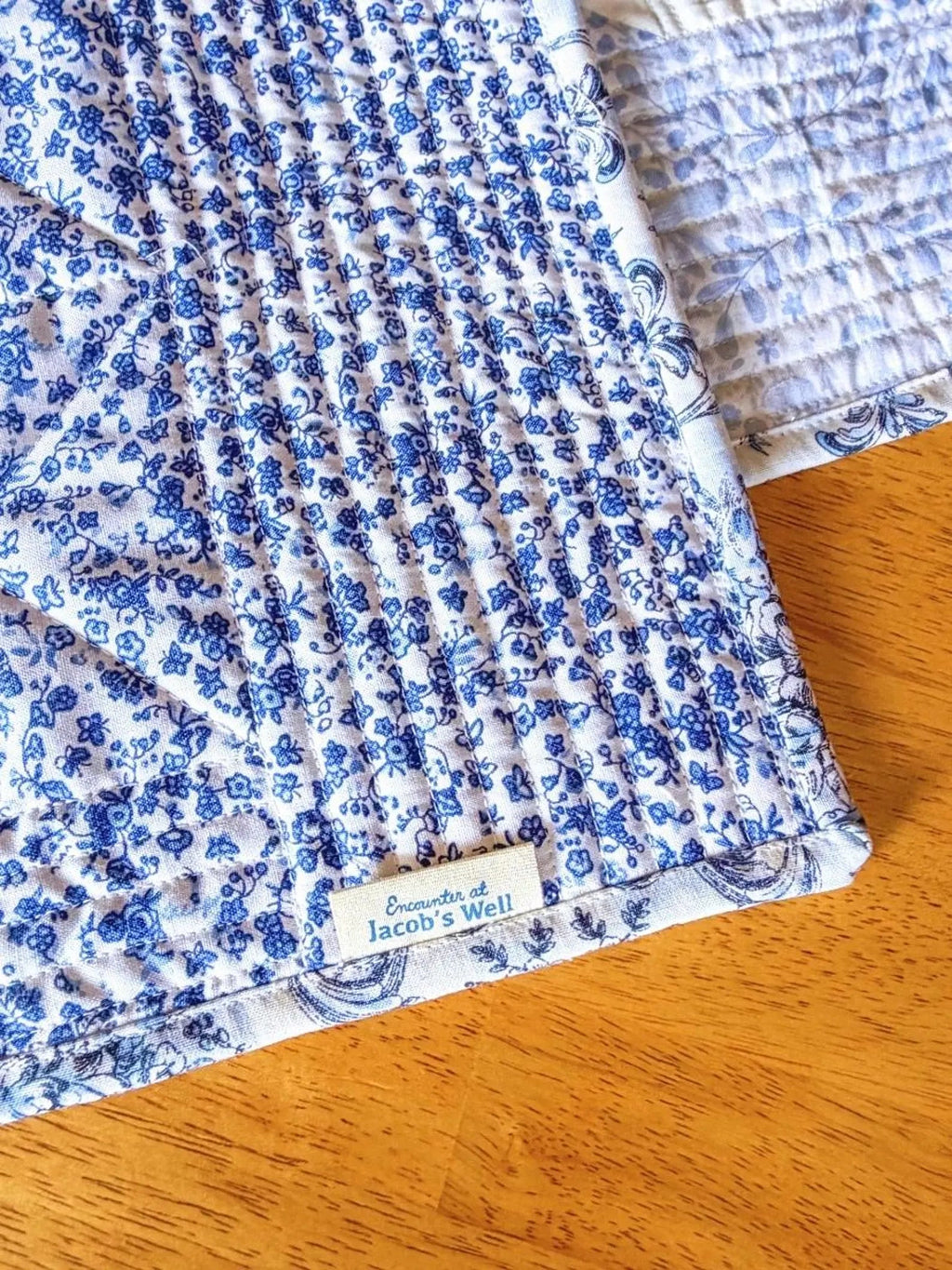 Quilted Easter Table Runner - Heirloom Quality - Cotton- Bunny Blue and White - Christian Spring Gift Encounter At Jacob's Well