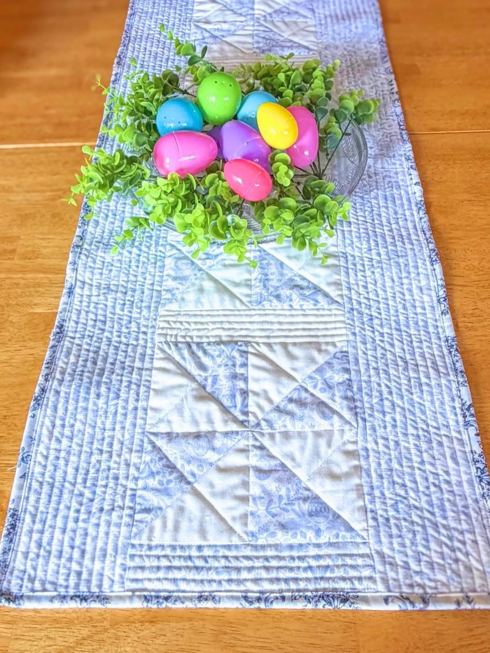 Quilted Easter Table Runner - Heirloom Quality - Cotton- Bunny Blue and White - Christian Spring Gift Encounter At Jacob's Well