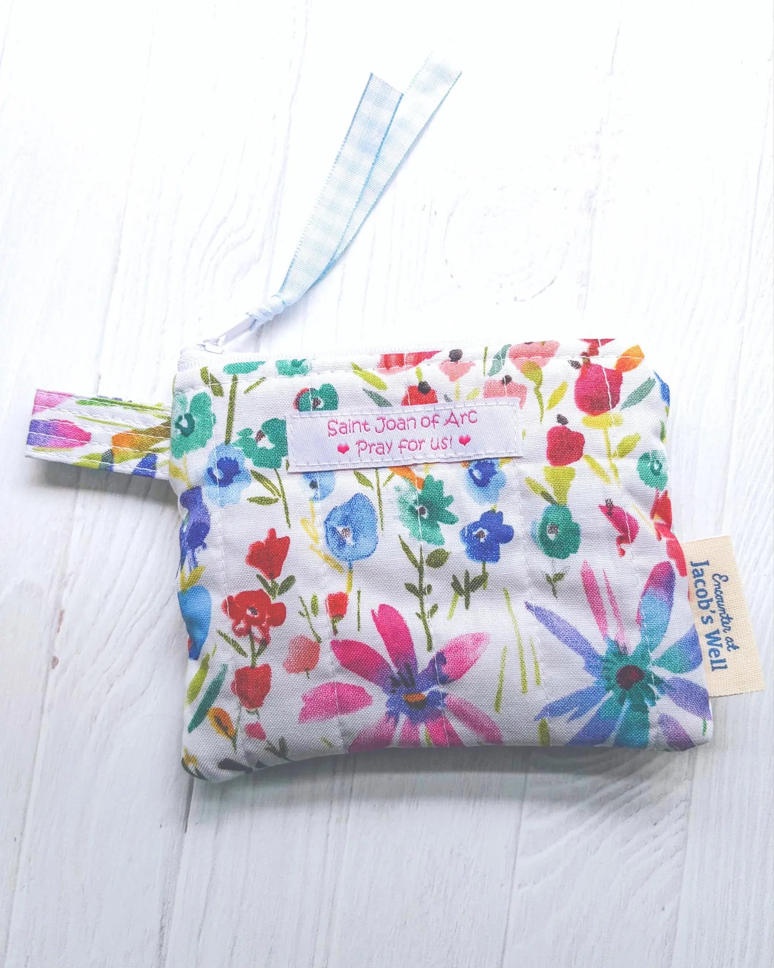St. Joan of Arc Rosary Pouch - Handmade Quilted Floral Zipper Pouch - Confirmation Gift Encounter At Jacob's Well