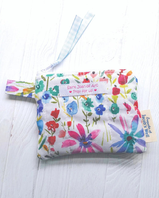 St. Joan of Arc Rosary Pouch - Handmade Quilted Floral Zipper Pouch - Confirmation Gift Encounter At Jacob's Well