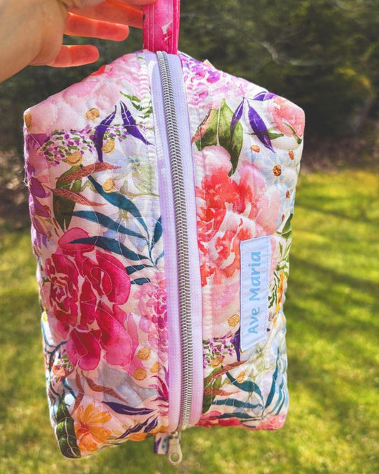 Ave Maria Large Quilted Essentials Bag – Floral Boxy Pouch, Handmade Travel Craft Bag Encounter At Jacob's Well