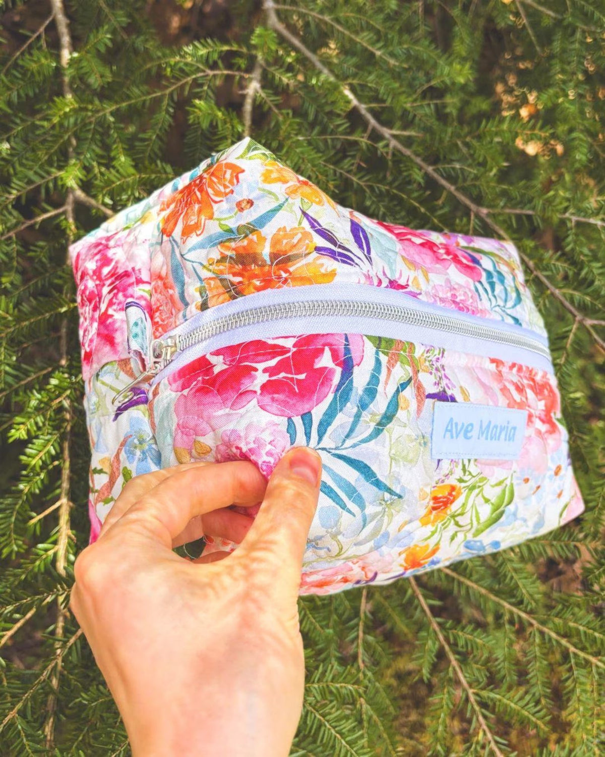 Ave Maria Large Quilted Essentials Bag – Floral Boxy Pouch, Handmade Travel Craft Bag Encounter At Jacob's Well