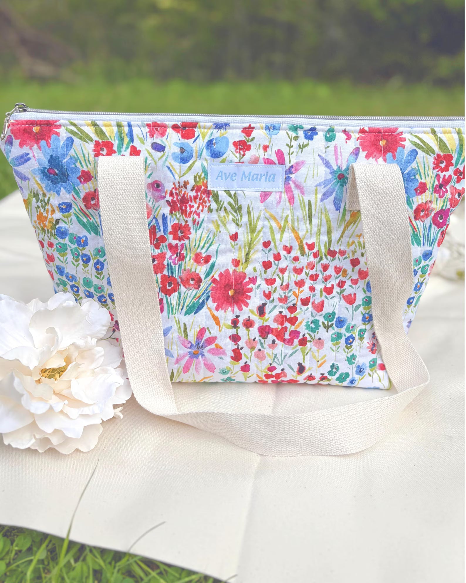 Small Handmade Quilted Catholic Tote Bag – Mother Mary Floral Print -  Mass & Adoration Bag Encounter At Jacob's Well