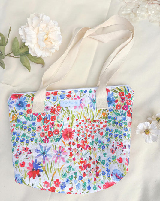 Small Handmade Quilted Catholic Tote Bag – Mother Mary Floral Print -  Mass & Adoration Bag Encounter At Jacob's Well
