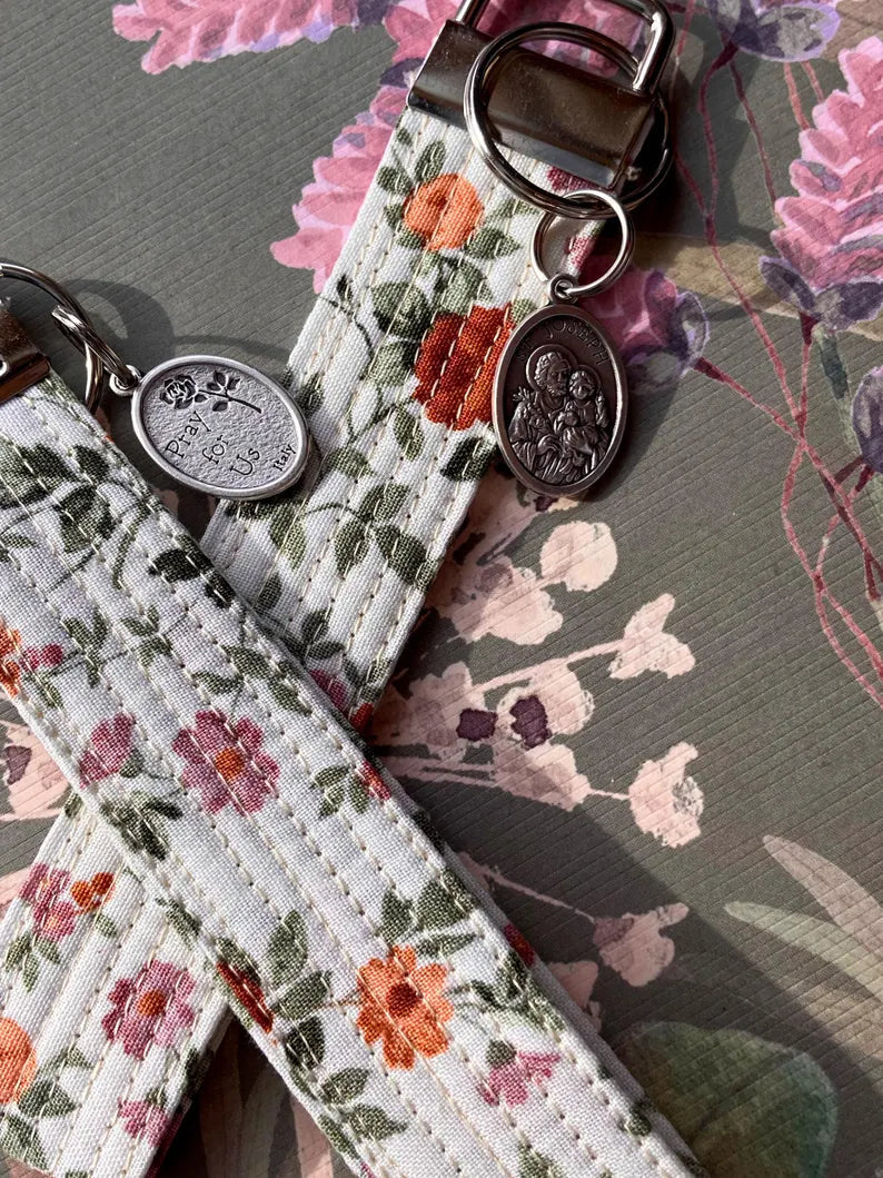 St. Joseph Key Fob Wristlet - Catholic Keychain - Floral Encounter At Jacob's Well