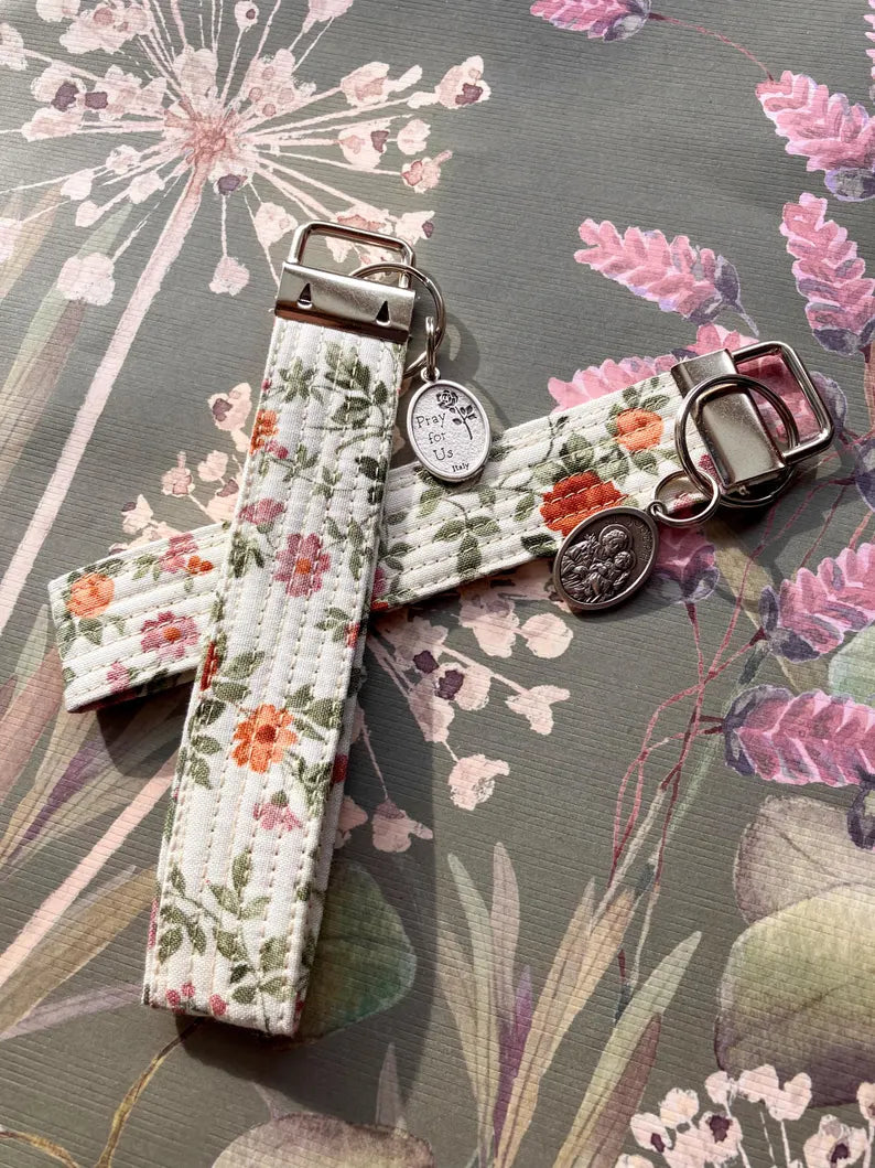 St. Joseph Key Fob Wristlet - Catholic Keychain - Floral Encounter At Jacob's Well