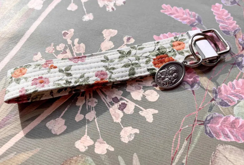 St. Joseph Key Fob Wristlet - Catholic Keychain - Floral Encounter At Jacob's Well