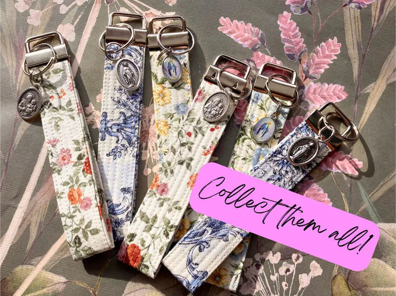 Tiny Floral St. Joseph Key Fob Wristlet - Catholic Keychain Encounter At Jacob's Well