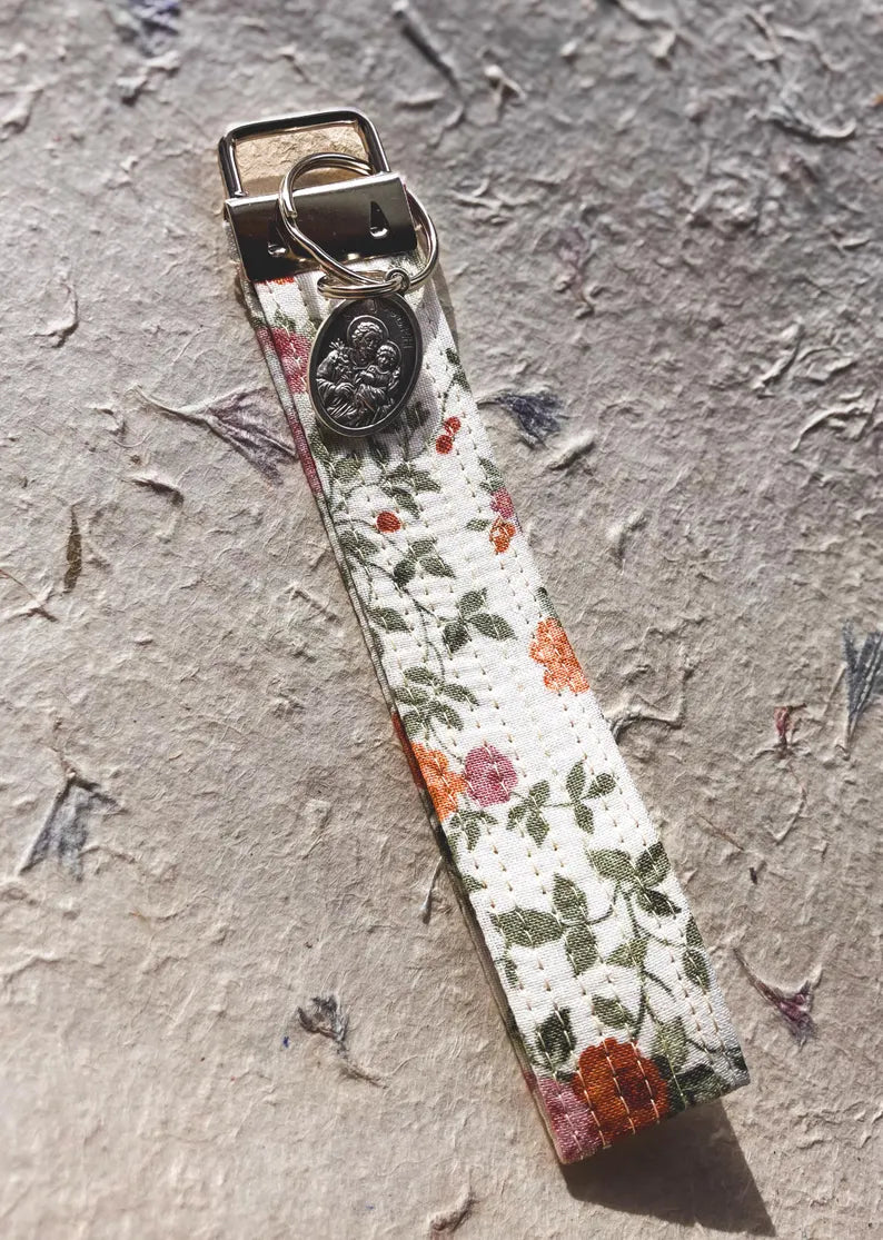 St. Joseph Key Fob Wristlet - Catholic Keychain - Floral Encounter At Jacob's Well